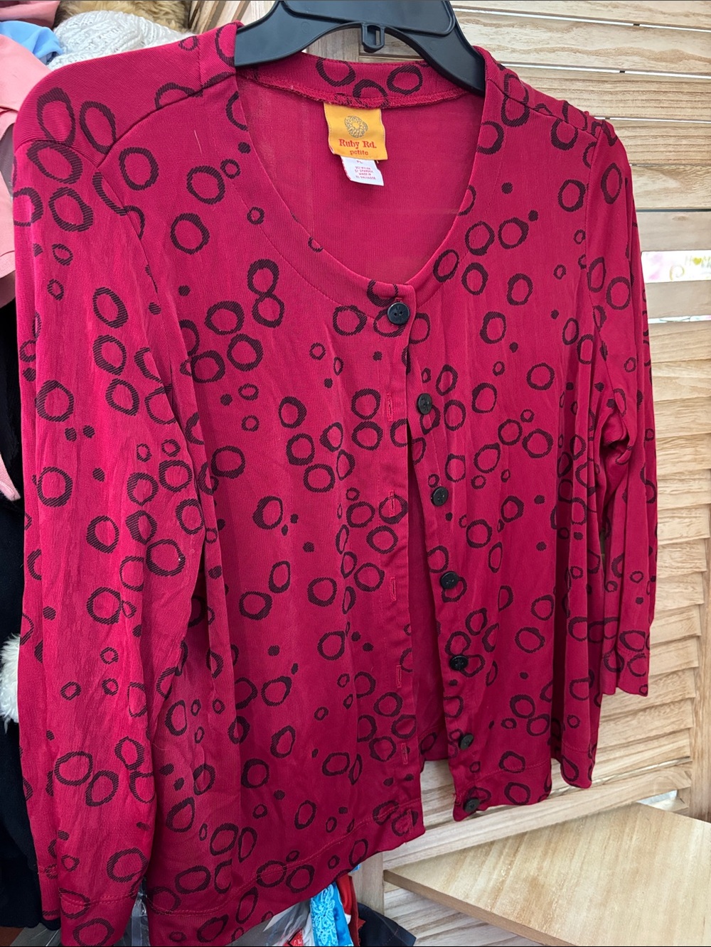 Ruby Rd. Red Button-Front Cardigan with Black Circle Print Petite Large
